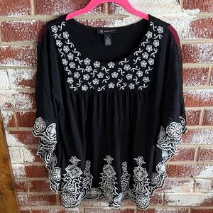 INC Black Blouse/Kimono with White Embroidery Sheer Mesh Med Date NT Resortwear